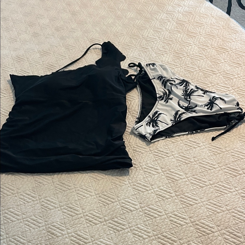 Black Tankini Top with Black & White Palm-Print Bikini Bottoms